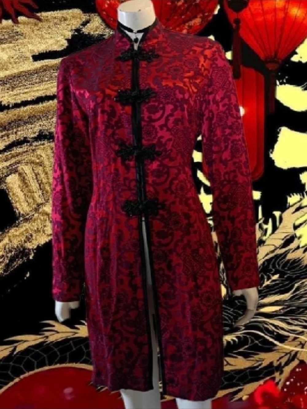 Vtg 80s R&M Richards Sz 10 Asian cheongsam style red & black button up Jacket